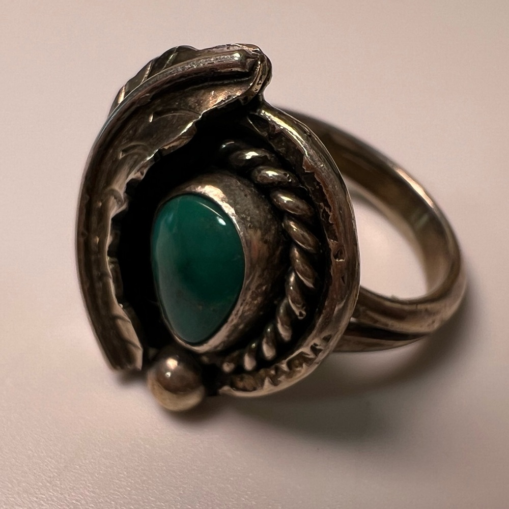 Turquoise Sterling Silver 925 Ring with Feather, Size 6.75 - Picture 2 of 3